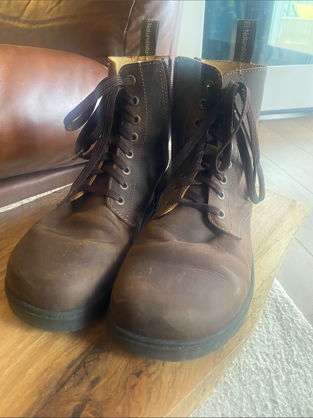 El Naturalista Dark Brown Leather Lace-Up Boots barefoot, size 41